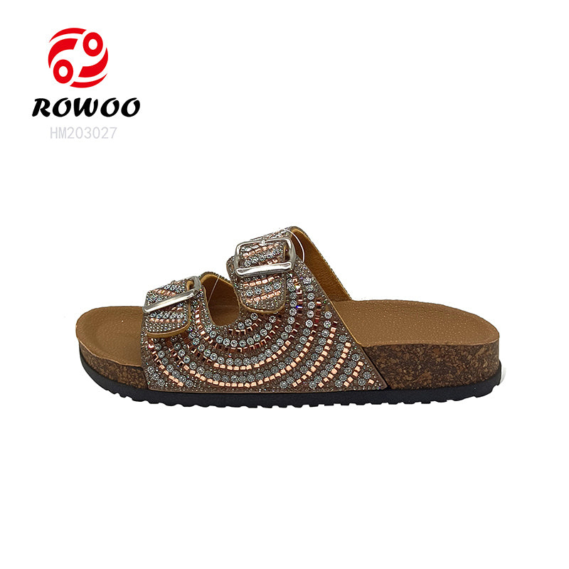 Custom Two Strap Flat Sandals Wholesale Beach Women PVC Cork Rhinestones Slippers