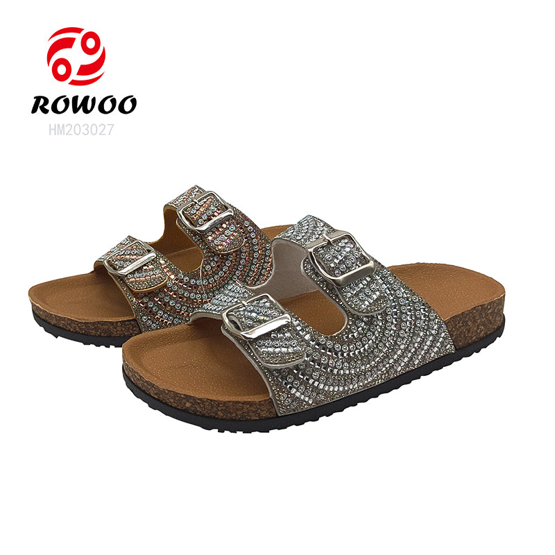 Custom Two Strap Flat Sandals Wholesale Beach Women PVC Cork Rhinestones Slippers