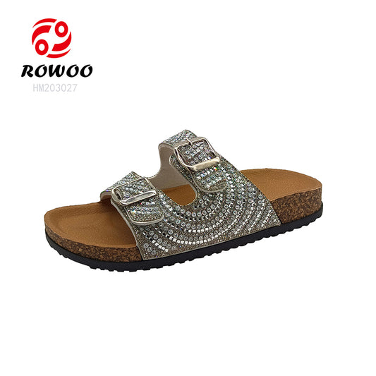 Custom Two Strap Flat Sandals Wholesale Beach Women PVC Cork Rhinestones Slippers