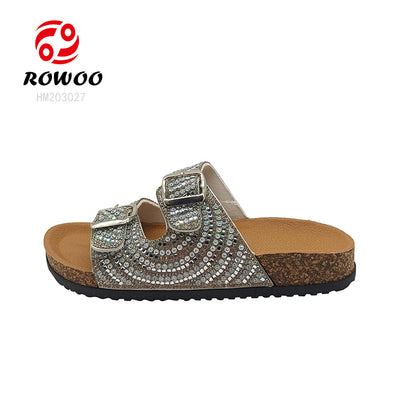 Custom Two Strap Flat Sandals Wholesale Beach Women PVC Cork Rhinestones Slippers