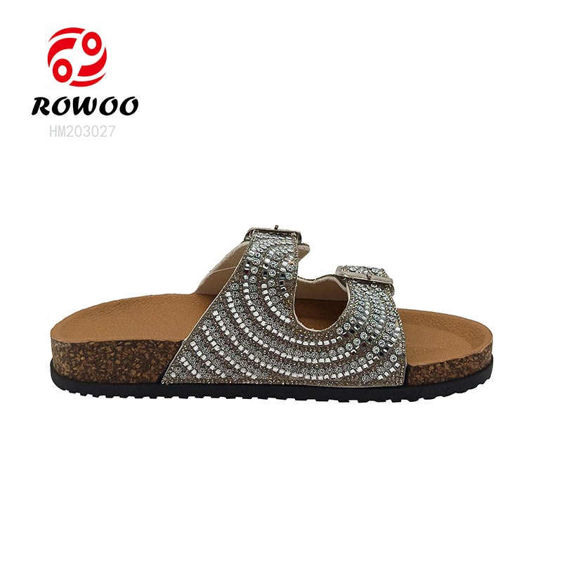 Custom Two Strap Flat Sandals Wholesale Beach Women PVC Cork Rhinestones Slippers