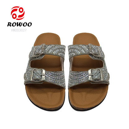 Custom Two Strap Flat Sandals Wholesale Beach Women PVC Cork Rhinestones Slippers