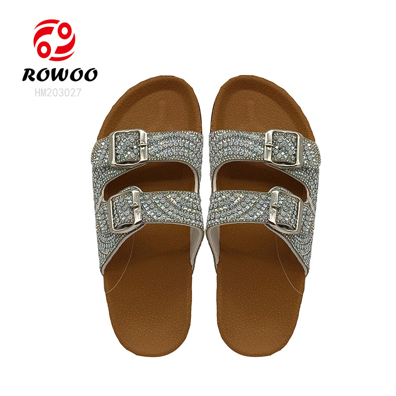 Custom Two Strap Flat Sandals Wholesale Beach Women PVC Cork Rhinestones Slippers