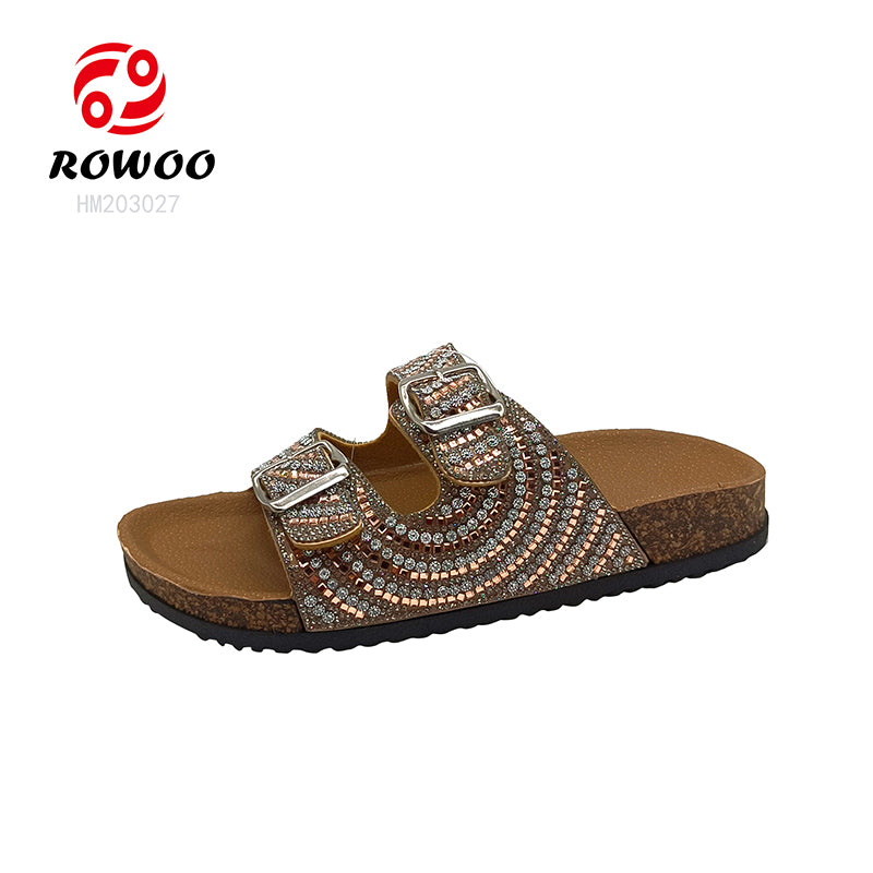 Custom Two Strap Flat Sandals Wholesale Beach Women PVC Cork Rhinestones Slippers