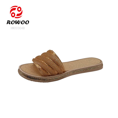 Wholesale Custom Logo Luxury Crystal Sandals Girls' Open-Toe Flat Slide Slippers