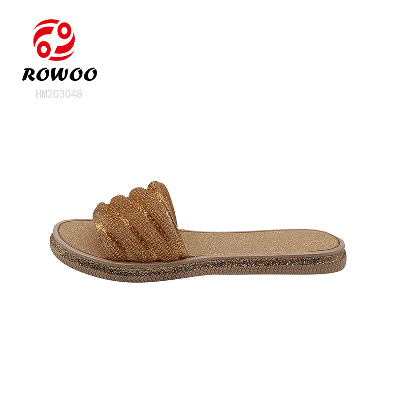 Wholesale Custom Logo Luxury Crystal Sandals Girls' Open-Toe Flat Slide Slippers