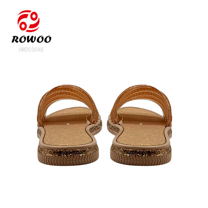 Wholesale Custom Logo Luxury Crystal Sandals Girls' Open-Toe Flat Slide Slippers