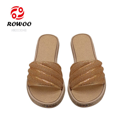 Wholesale Custom Logo Luxury Crystal Sandals Girls' Open-Toe Flat Slide Slippers