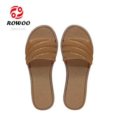 Wholesale Custom Logo Luxury Crystal Sandals Girls' Open-Toe Flat Slide Slippers