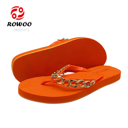 Women Trend Bright Summer Beach Flats Metal Chain Fashion Flip-Flops