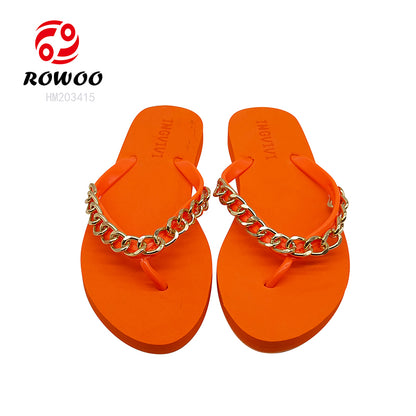 Women Trend Bright Summer Beach Flats Metal Chain Fashion Flip-Flops