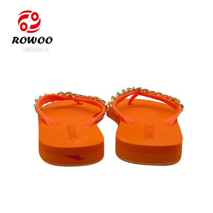 Women Trend Bright Summer Beach Flats Metal Chain Fashion Flip-Flops