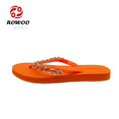 Women Trend Bright Summer Beach Flats Metal Chain Fashion Flip-Flops