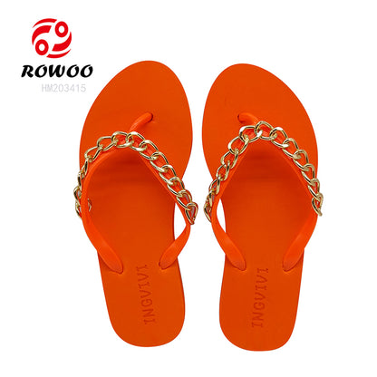 Women Trend Bright Summer Beach Flats Metal Chain Fashion Flip-Flops