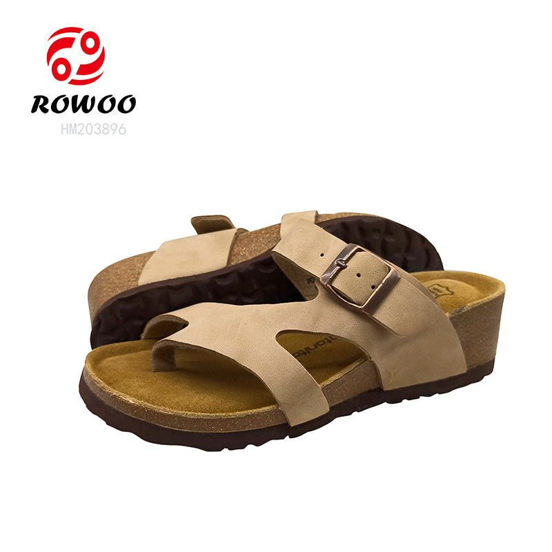 Wholesale Ladies Cork Sandals Factory Women Leather Slipper Shoes Customized Logo Slide Shoes