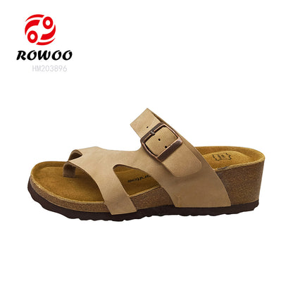 Wholesale Ladies Cork Sandals Factory Women Leather Slipper Shoes Customized Logo Slide Shoes