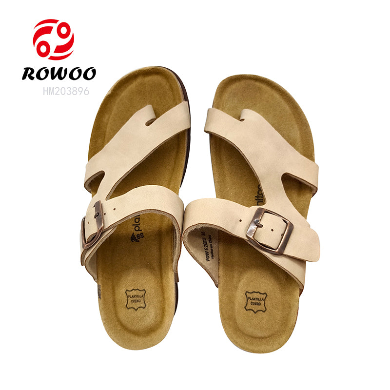 Wholesale Ladies Cork Sandals Factory Women Leather Slipper Shoes Customized Logo Slide Shoes